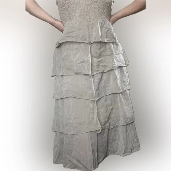 NWOT ELAN Silk & Cotton Tiered Neutral Accordion Smocked MIDI Dress/skirt. Small - Picture 7 of 16
